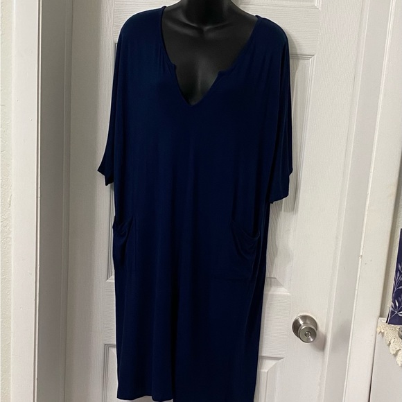 Ink + Ivy  Med Blouson Knit Double V Neck Midi Dress Blue 3/4 Sleeve BohoCore - Picture 3 of 5